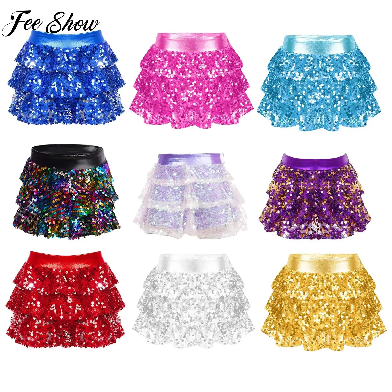 Crianças meninas saia de dança latina lantejoulas brilhantes em camadas plissado contornado shorts metálico jazz cha-cha dança palco desempenho trajes