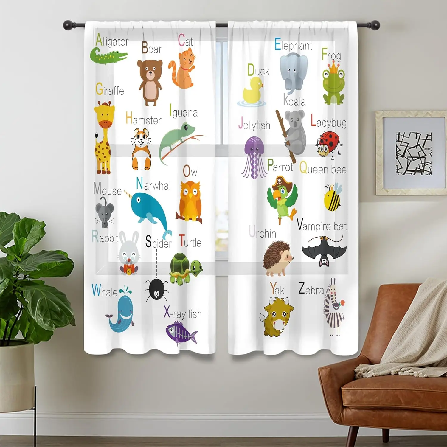 ABC Alphabet Kids Curtains Sheer Pocket Cartoon Animal Baby Boys Bedroom Decor Child Nursery Funny Learning Educational Fabric