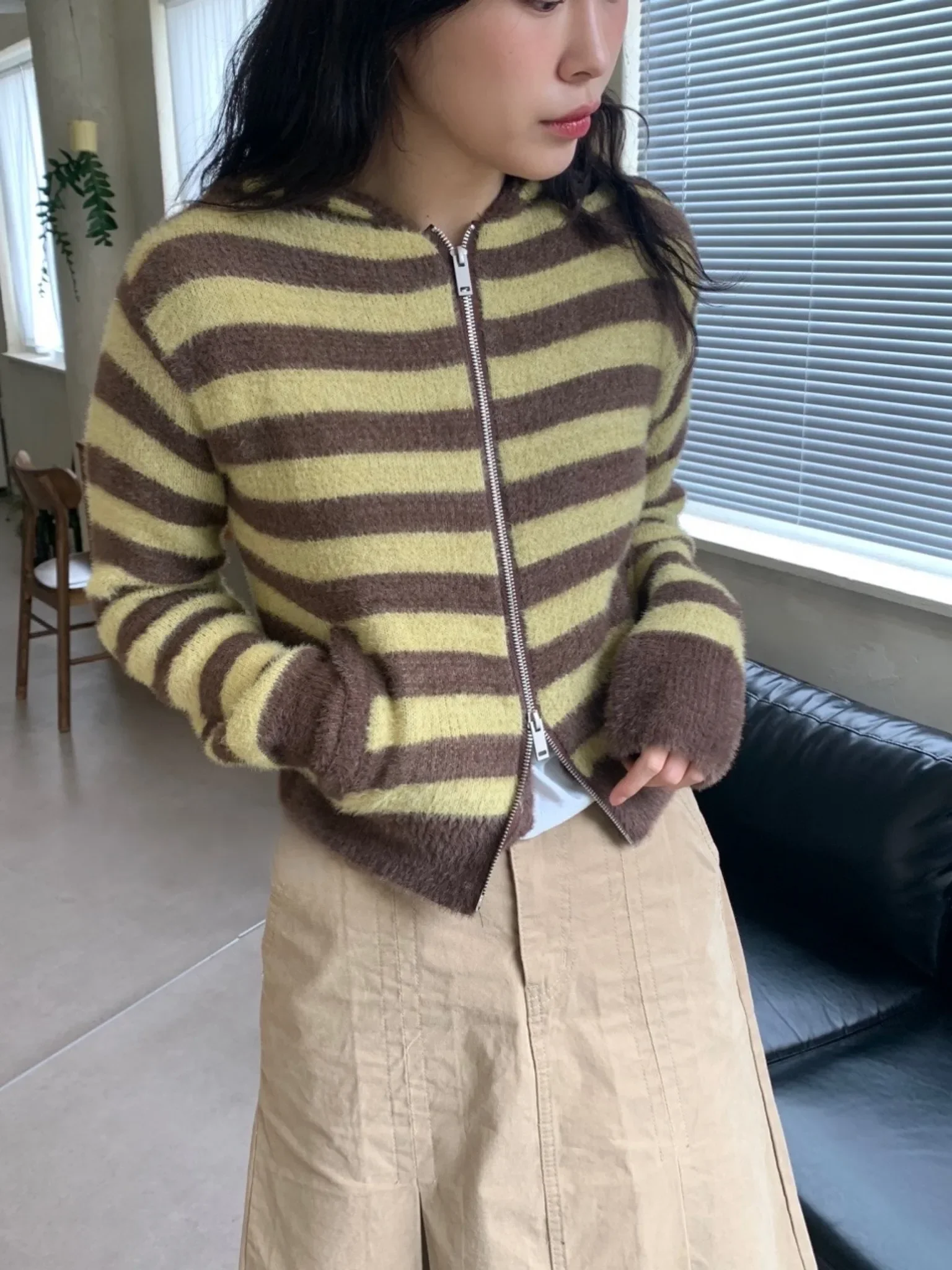 

Y2k Aesthetic Knitted Striped Hooded Coats Vintage Grunge Japanese Slim Sweaters Double Zipper Harajuku Contrast Color Cardigans