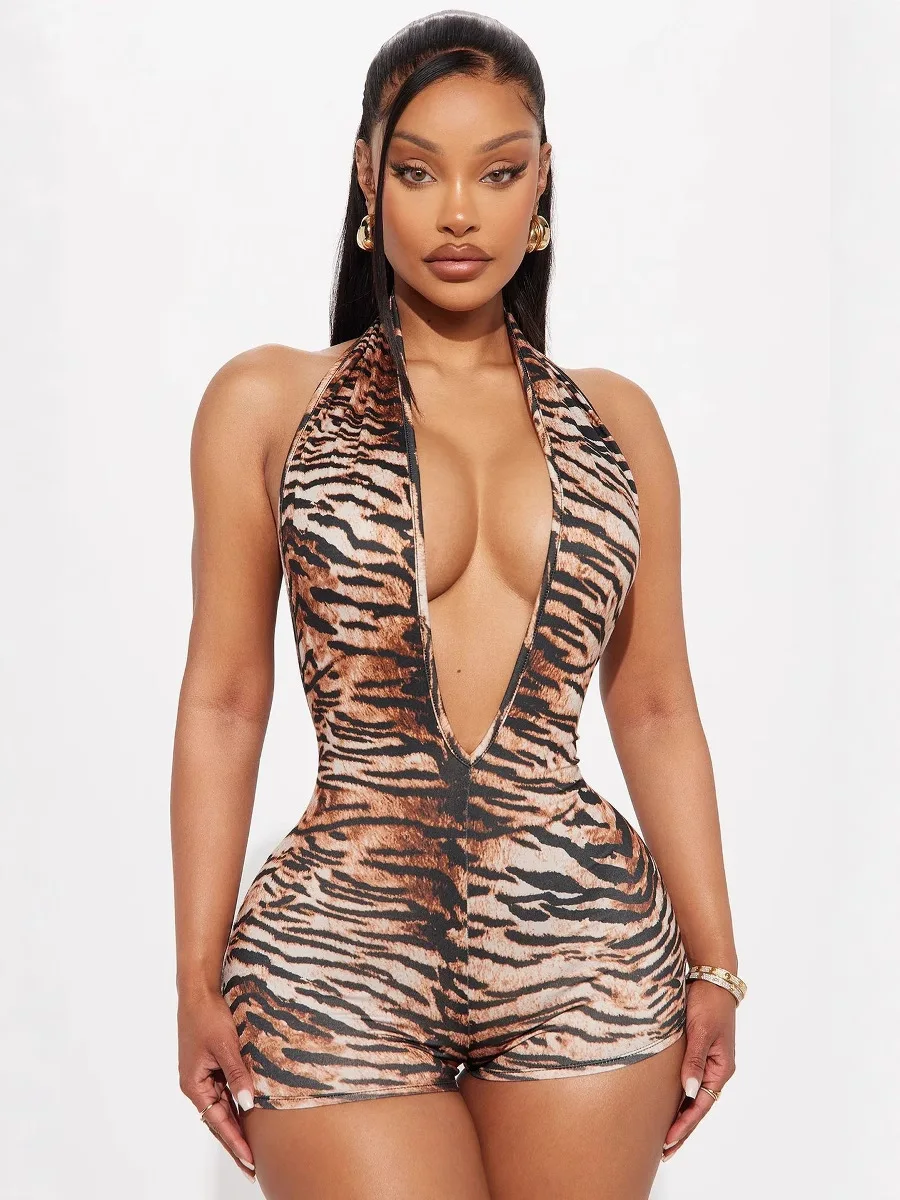

Weird Puss Sexy Deep V-Neck Romper Women Halter Backless Tiger Print Street Midnight Club Sleeveless Fit Skinny Stretch Playsuit