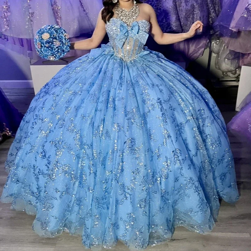 

Голубое Бальное Платье принцессы Angelsbridep, платья для Quinceanera с блестящим кружевом, Тюлевое платье с бантом для выпускного вечера, платья для вечеринки