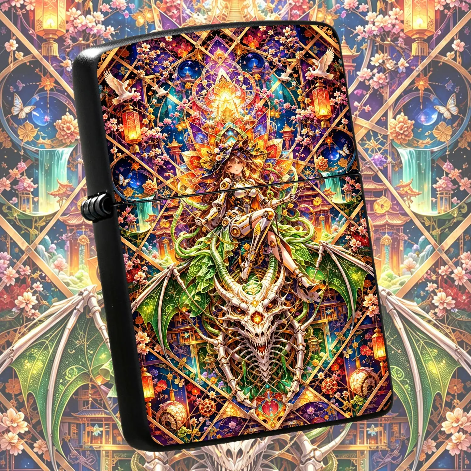 Fantasy Stained Glass Style Lighter, Gorgeous Cyber Mechanical Girl White Skeleton Dragon Art Pattern, Delicate Glowing Decorative Ornament, All Scenarios Usable Portable Exquisite Unique Gift For Friends Family Display A Humorous And Inter