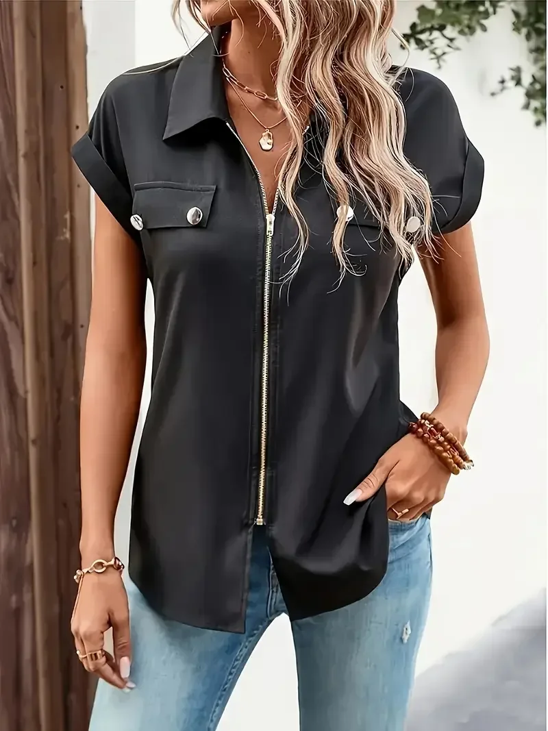 Ladies Casual Plus Size 1XL-5XL Short Sleeve Elegant Solid Color Shirt Women's Black Zip-Up Blouse Button Lapel  Blouse Shirt