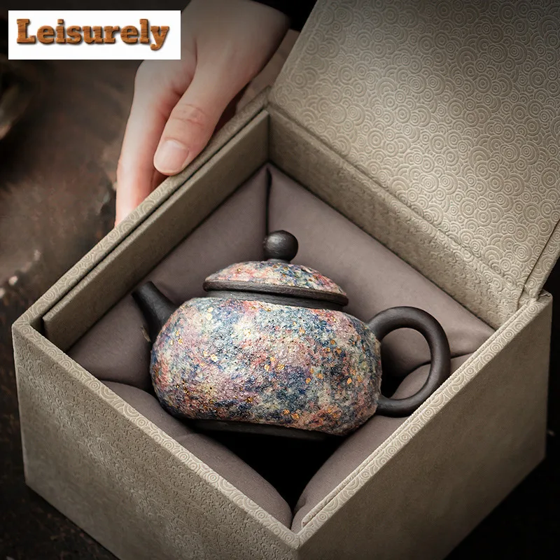 140ML Handmade Rock Mine Xishi Teapot Aesthetic Gold Pointing Pot Tea Making Kettle Chinese Tea Set Accessories Collection Gifts