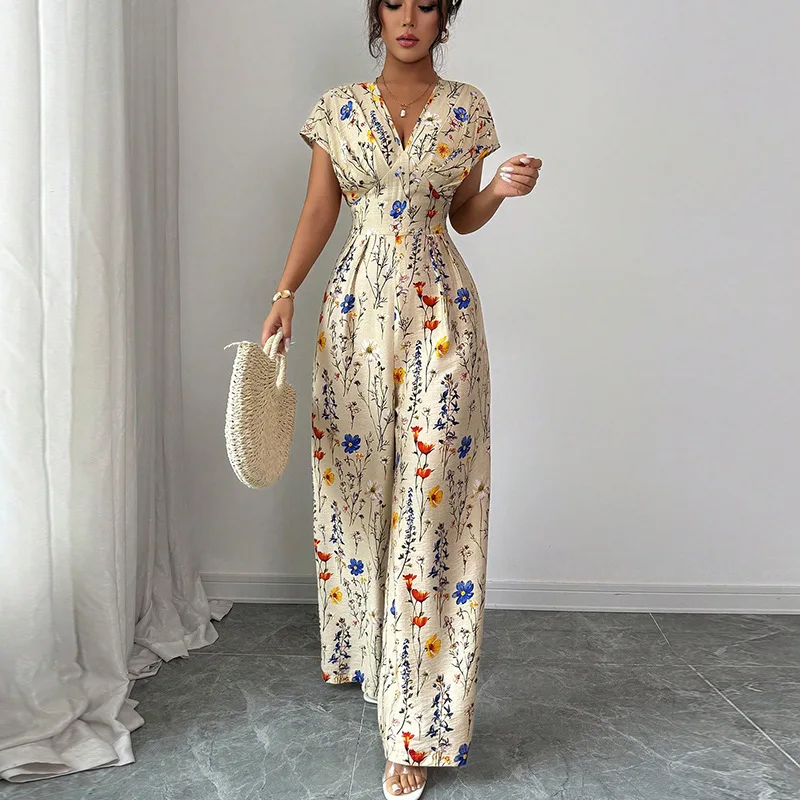 Kombinezon damski Ruihou z kwiatowym wzorem, jesień 2025, szerokie nogawki, wysoki stan, materiał poliestrowy