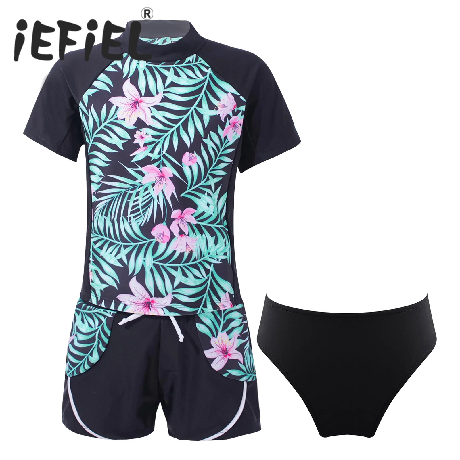 

3Pcs Kids Girls Printed Swimwear Swimsuit Mock Neck Tops with Drawstring Waistband Shorts and Briefs Set for Swimming Bathing