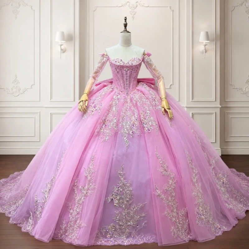

Pink Shiny Ball Gown Quinceanera Dresses Applique Lace Beading Crystal Tiered Tull Bow Corset Off The Shoulder Sweet 16 Dress