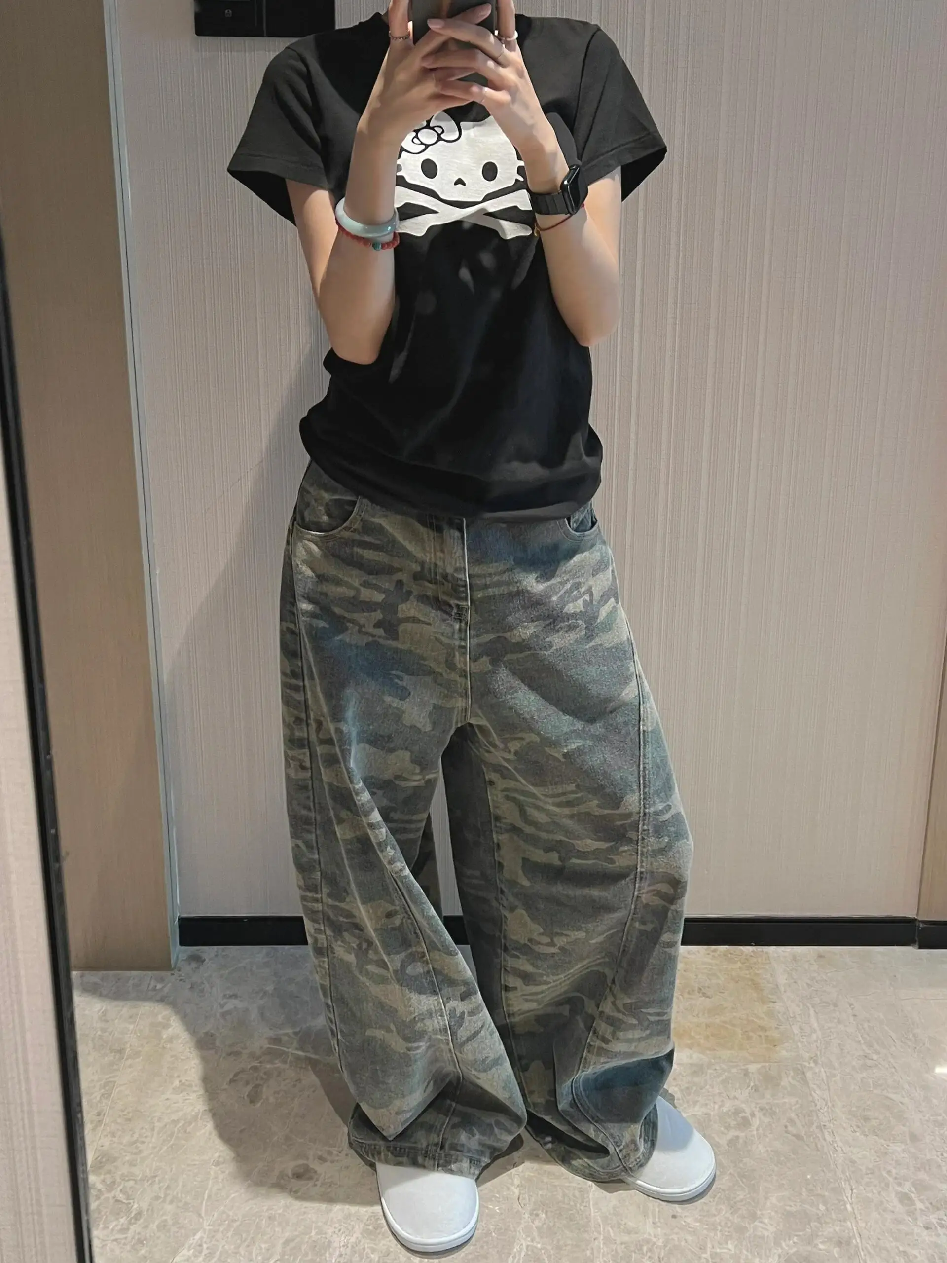 

High Waist Wide Leg Camouflage Workwear Jeans Women's Design Sensation plus Size Loose Casual Pants Street Style Denim