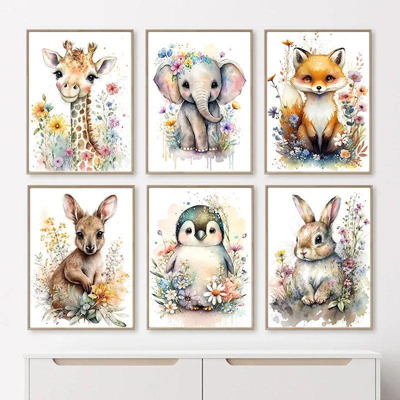 Carteles de pared de acuarela nórdica, jirafa, León, Safari, animales con flores e impresiones, pinturas en lienzo, imágenes murales para decoración