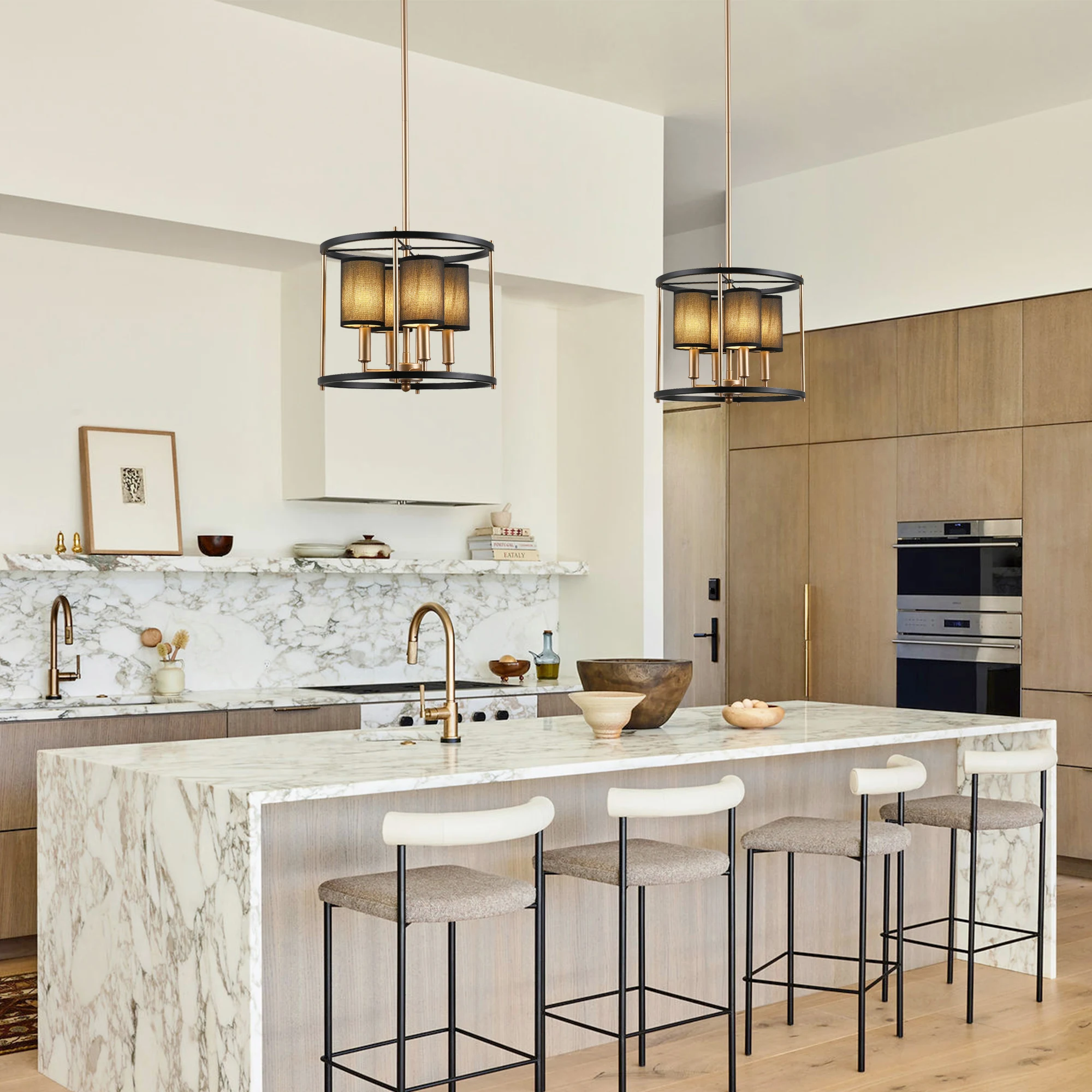Farmhouse Chandeliers for Dining Room Gold Liner Chandelier with Fabric Shades Rectangles Lighting Over Kitchen Table