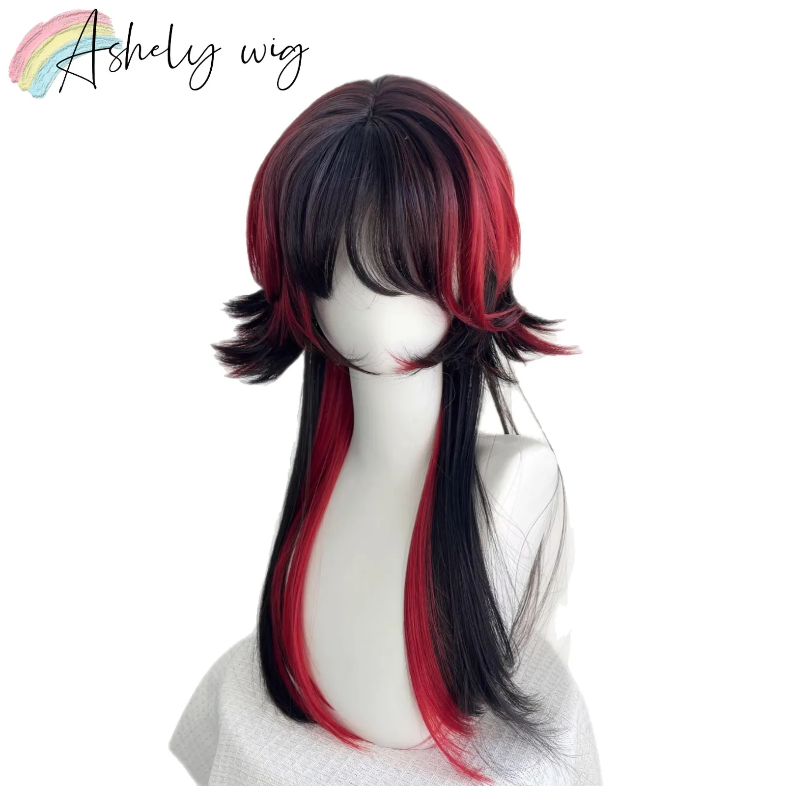 Ashely Jellyfish Head Black with Red Wigs with Bangs Subculture Y2K High Temperature Fibers Cosplay Synthetic Wigs for Daily Use
