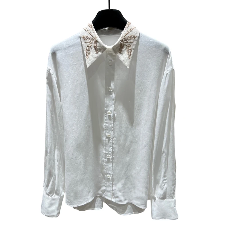 

Natural Linen Material High Street Beautiful Comfort Trend Ladies Polka Shirt Loose Fit Long Sleeve Blouse Button BlouseAG533