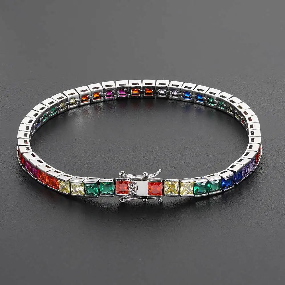 

Hiphop Simple Bracelet 4mm Colorful Tennis Chain Micro Inlaid Square Zircon Trendy Hip Hop Bracelet Jewelry