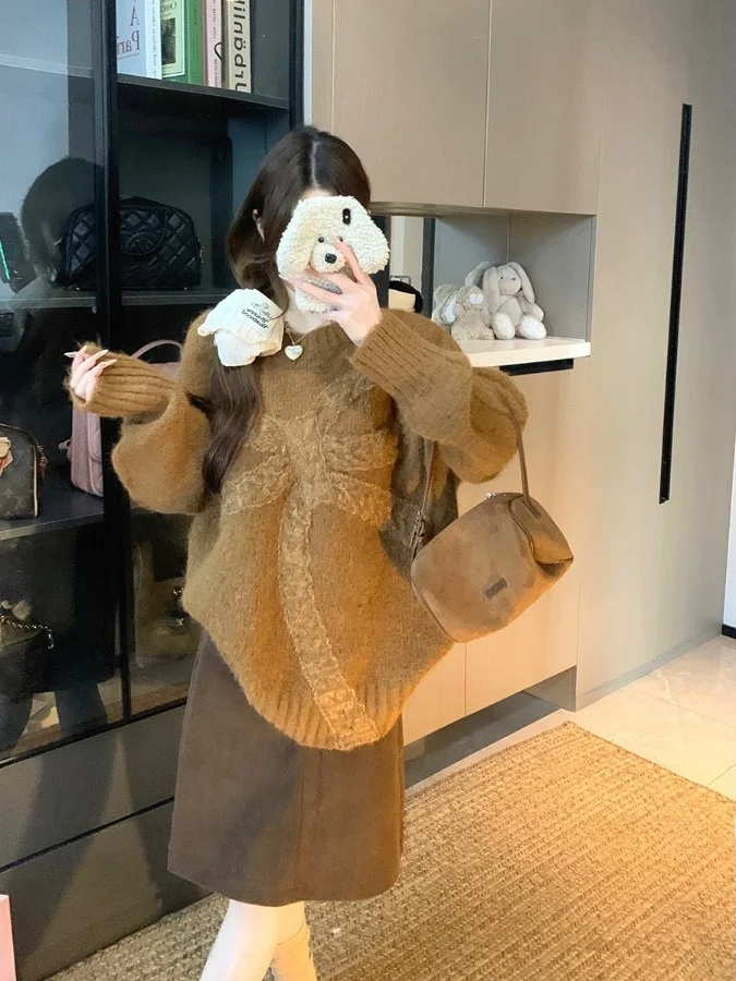 

Женский вязаный свитер больших размеров с круглым вырезом, свободного кроя, осенне-зимний, модный, для повседневной носки, с завышенной талией