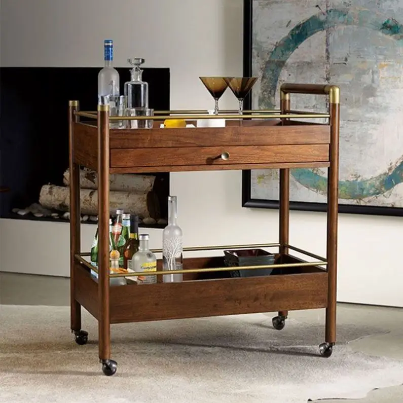Solid Wood Dining Cart Mobile Commercial Hotel Restaurant Beverage Cart Villa Living Room Handcart Bedroom Storage Rack