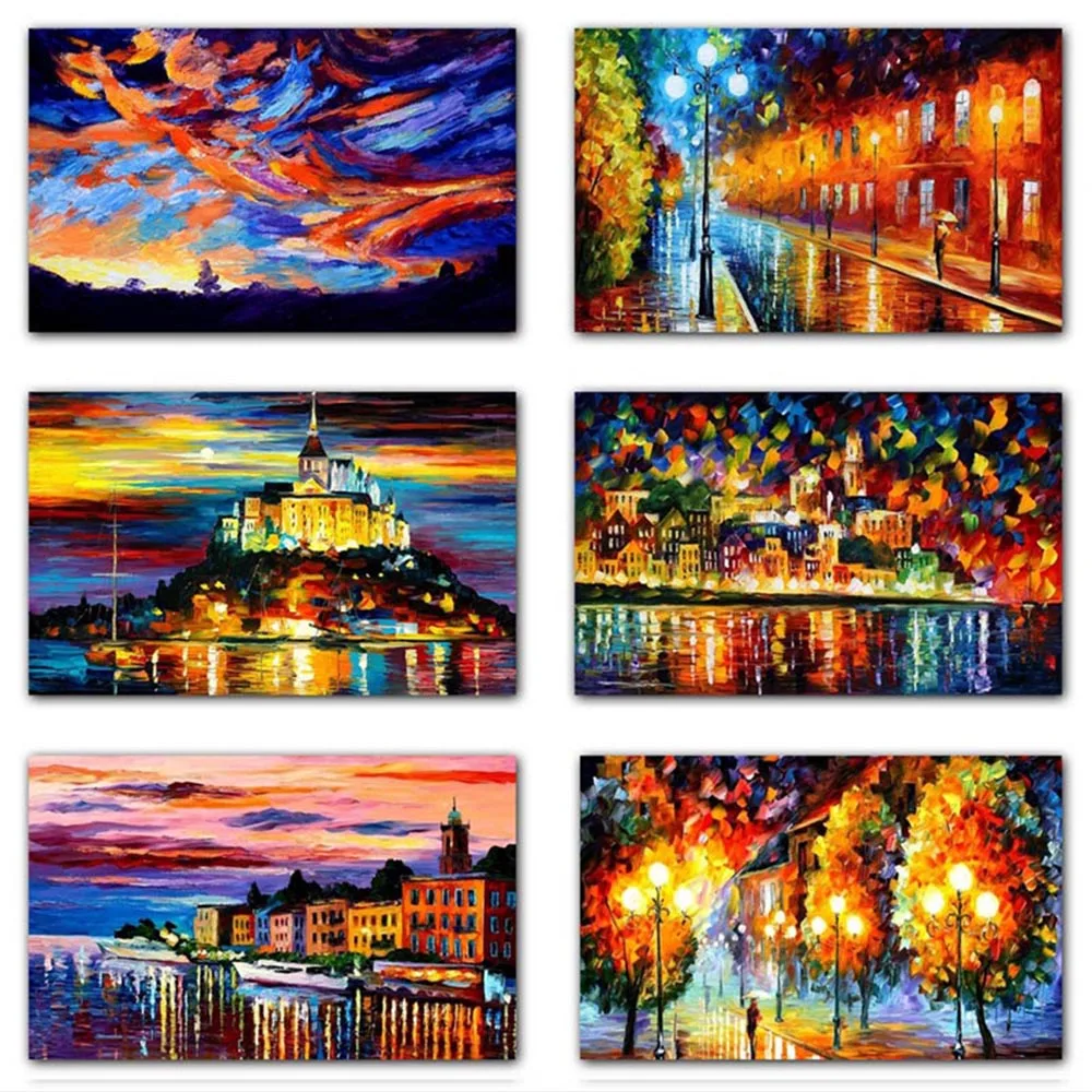 

World Famous Street Scenery Canvas Paintings Night Scene Canvas Picture European Oil Painting Print for Living Room Wall Decor