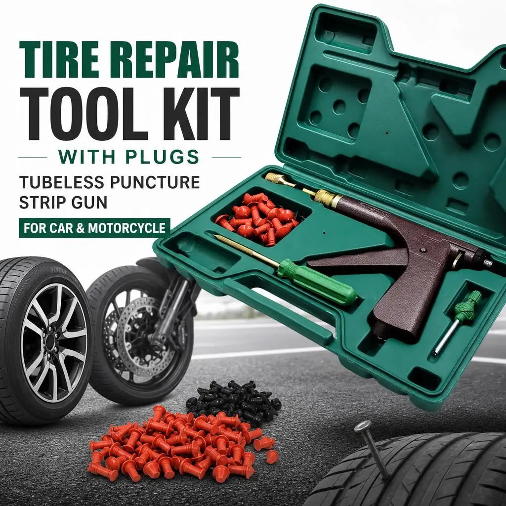 Kit professionale per la riparazione di pneumatici senza camera d'aria – 1 set con tappi e pistola per la riparazione di pneumatici, adatto per auto, motocicli e scooter elettrici.