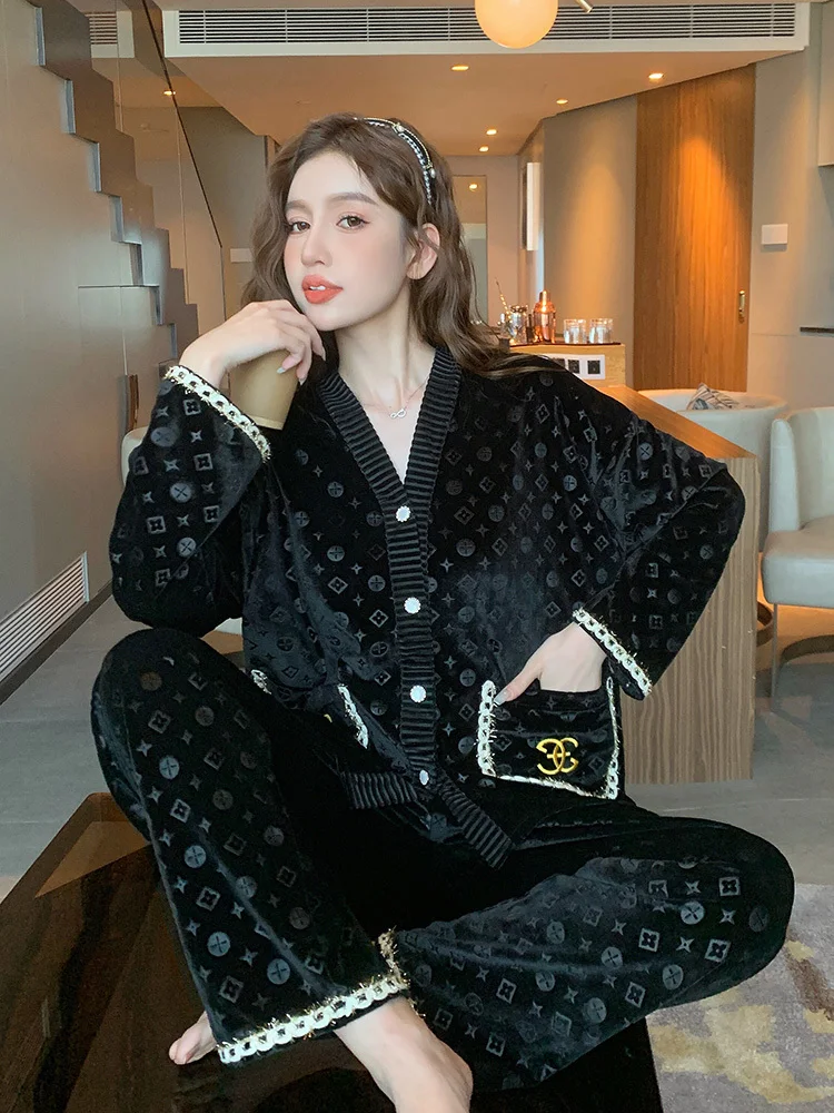 

Plus Size Gold Velvet Pajamas Set Women Spring Autumn New High Quality Printing Loose Cardigan Top+Pants Outer Wear Home Clothes