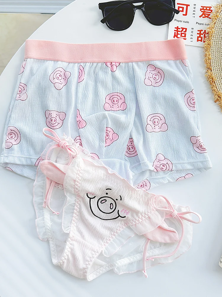 Lolita Linda ropa interior japonesa para parejas, bragas divididas de cintura baja transpirables, pantalones cortos con correa triangular, pantalones cortos de algodón para hombres y mujeres