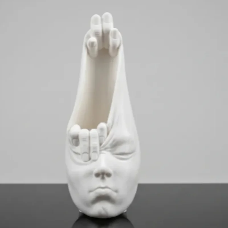 3D‑Printed Plastic Abstract Face Vase, Unique Hand‑Shaped Hollow Face Sculpture, Creative Art‑Style Desktop Flower Container