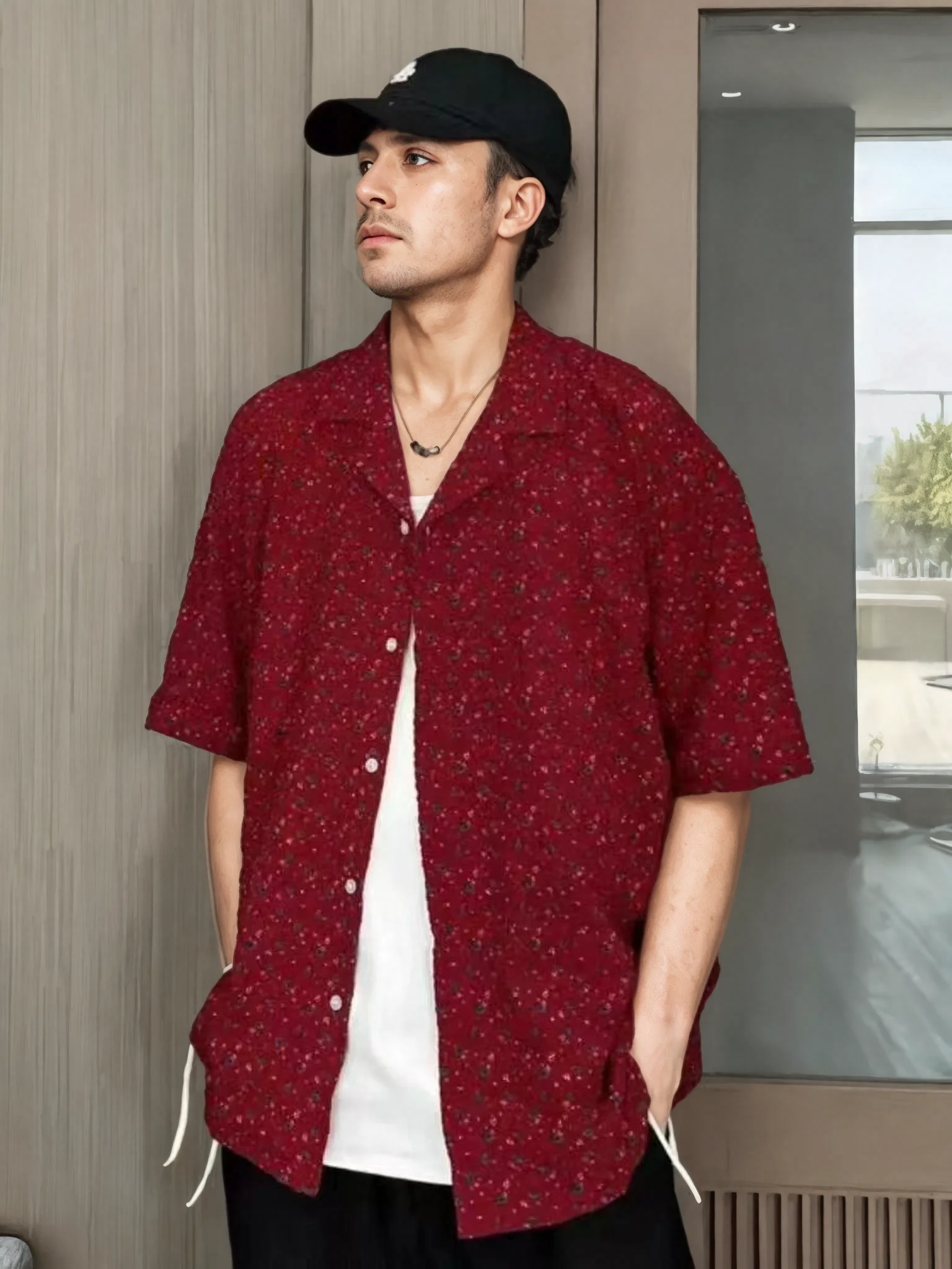 

Shirt Man 2024 Summer Trend Fashion Korean Style New Red Small Flower Blouse Five-Quarter Sleeve Top Matching Men's Clothing