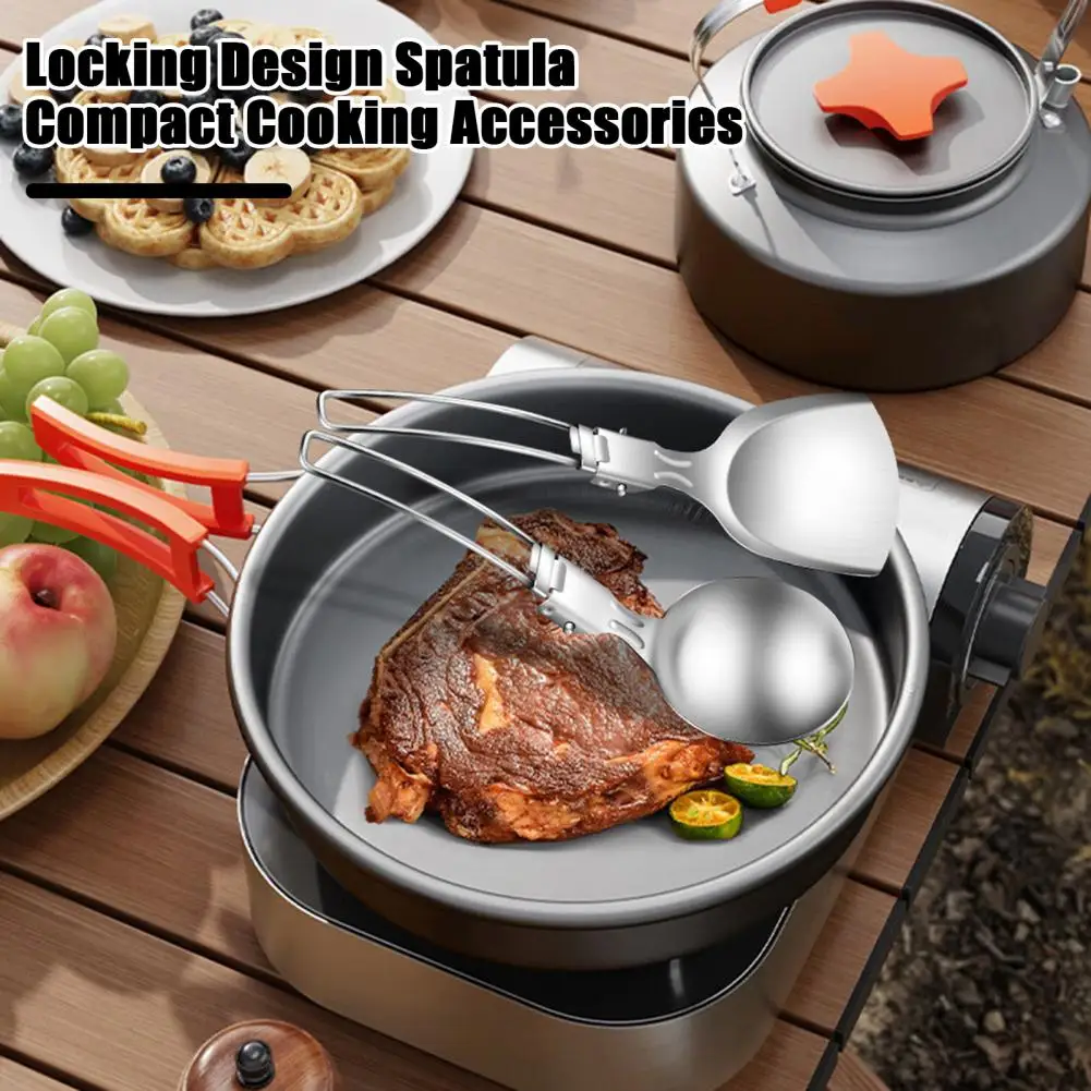 Durable Foldable Cookware Foldable Stainless Steel Cookware Set with Locking Handle Portable Camping Spatula Spoon for Hiking