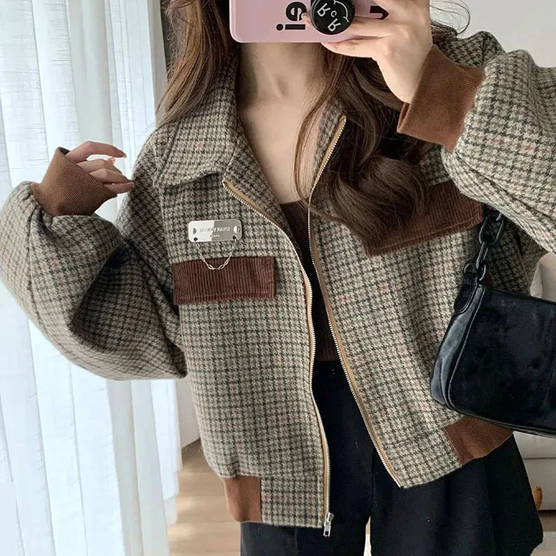 

GIDYQ Vintage Plaid Jacket Women Zipper Patchwork Long Sleeve Cropped Baseball Top Fashion Casual Houndstooth Outwear Autumn New