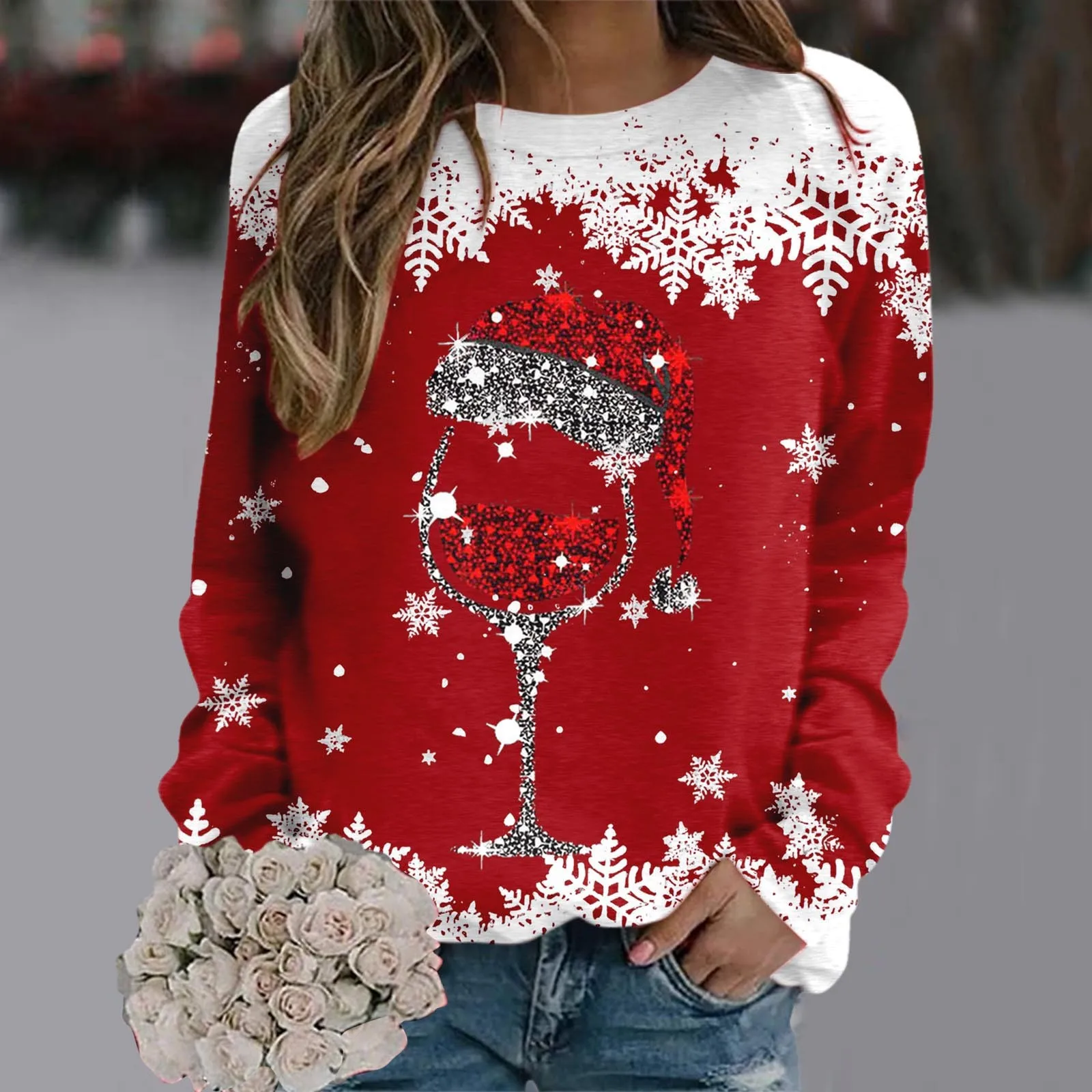 

Ladies Wine Glass Christmas Hat Snowflake Trend Print Hoodie Beautiful Slim Warm Jumper Round Neck Long Sleeves Holiday Clothing