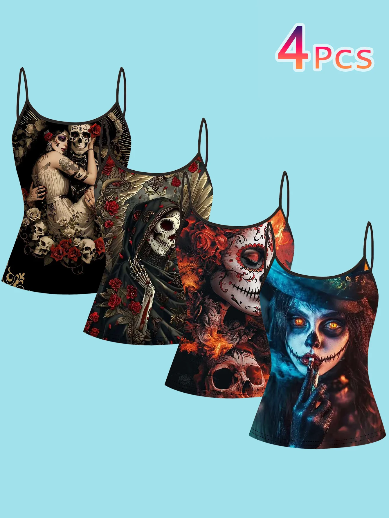 4-Piece Set of Magic Dragon Print Camisoles for Women, Featuring Dark Black Dragons, Red-Winged Dragons, Sunset Dragons, and Ice White Dragons, with Artistic Illustrations and Thin Straps, Slim-Fit Inner Tops