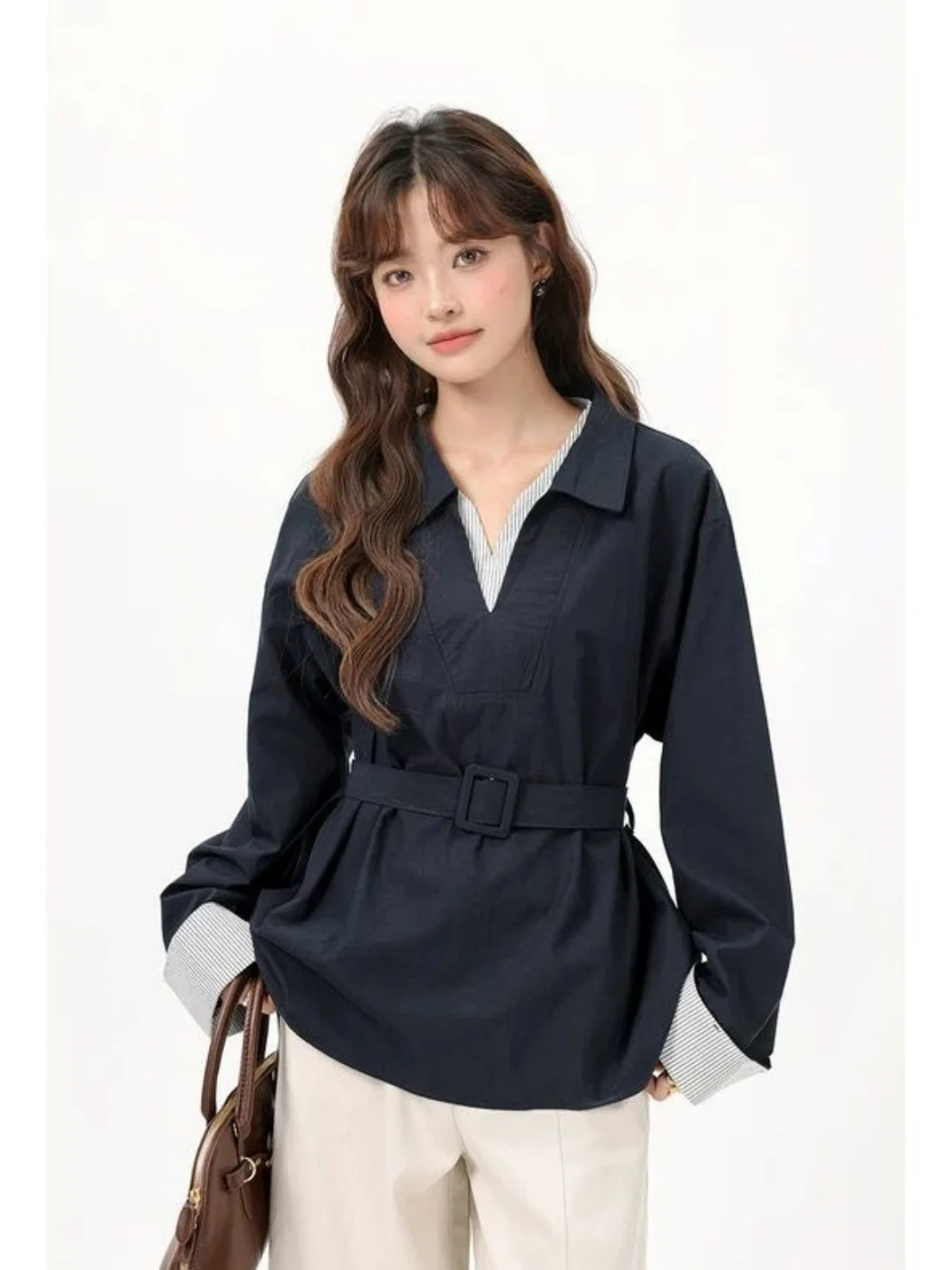 

Slimming Effect College Sle irt with Waist Cinch Long Sve Striped Patchwork Turn-down Collar Breathable Casual Top