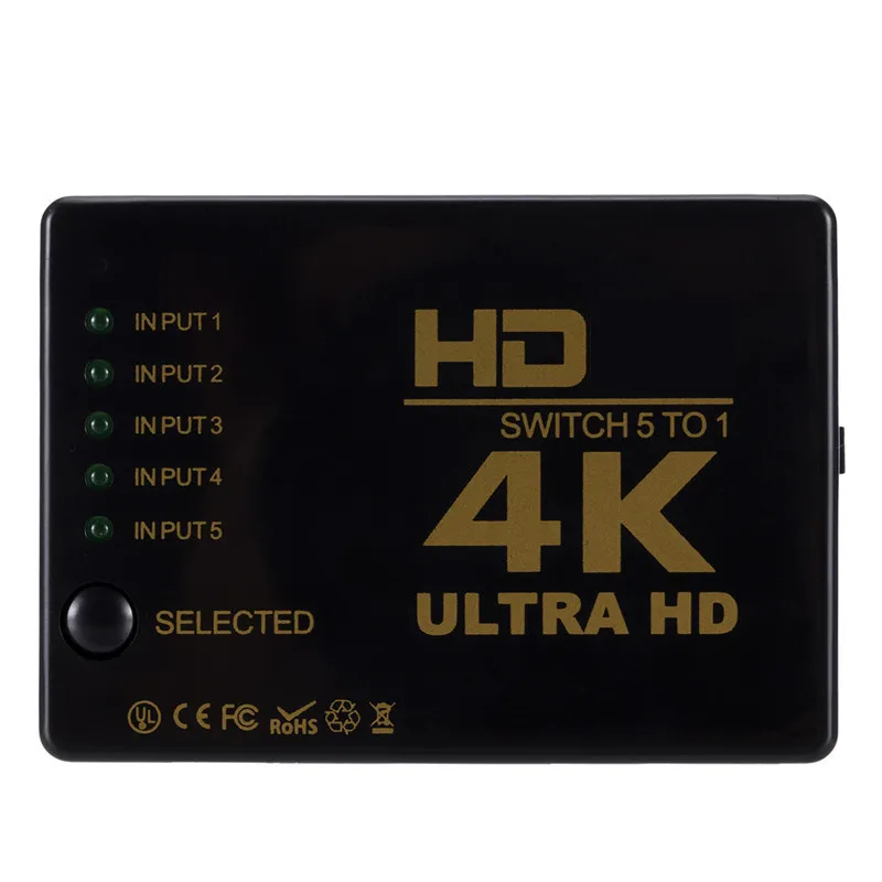 Conmutador compatible con HD 4K, divisor Selector de interruptor HD de 5 puertos con control remoto IR para HDTV, DVD, TV BOX Z2