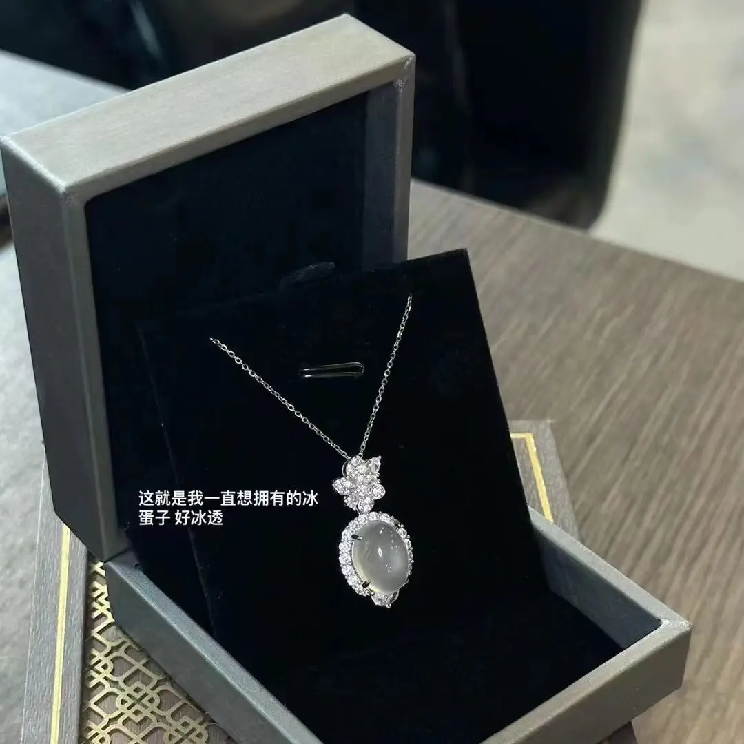 

925 Silver Natural Icy Glass Type Water-Foam Jade Big Diamond Pendant Necklace Clavicle Chain Gifts for Girlfriend