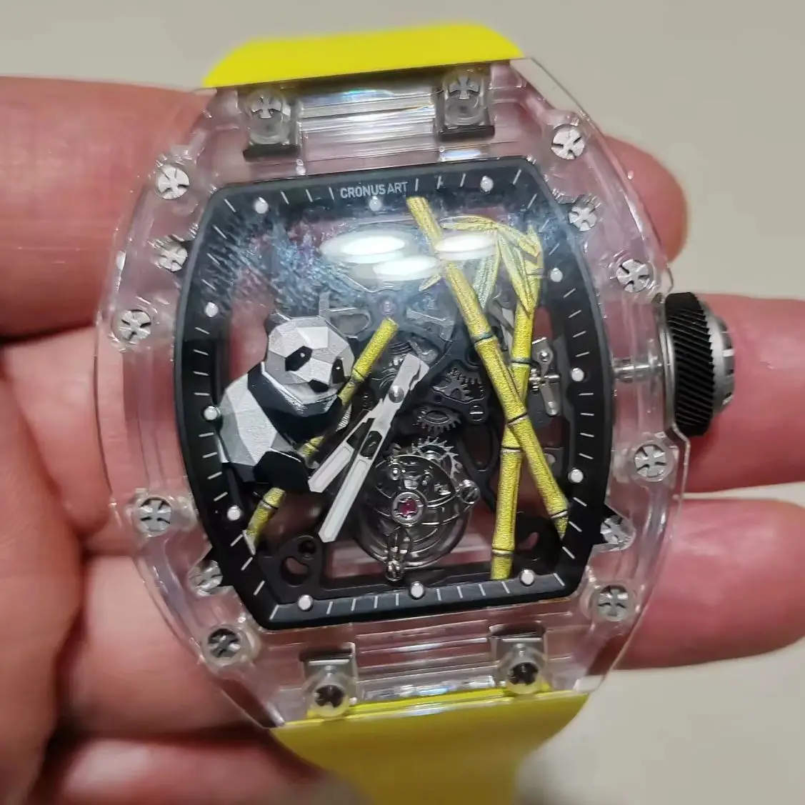 CRONUSART Men Tourbillon Watch Tonneau Mechanical Wristwatch Sapphire Case Mirror Luminous FKM Strap Skeleton Panda Dial