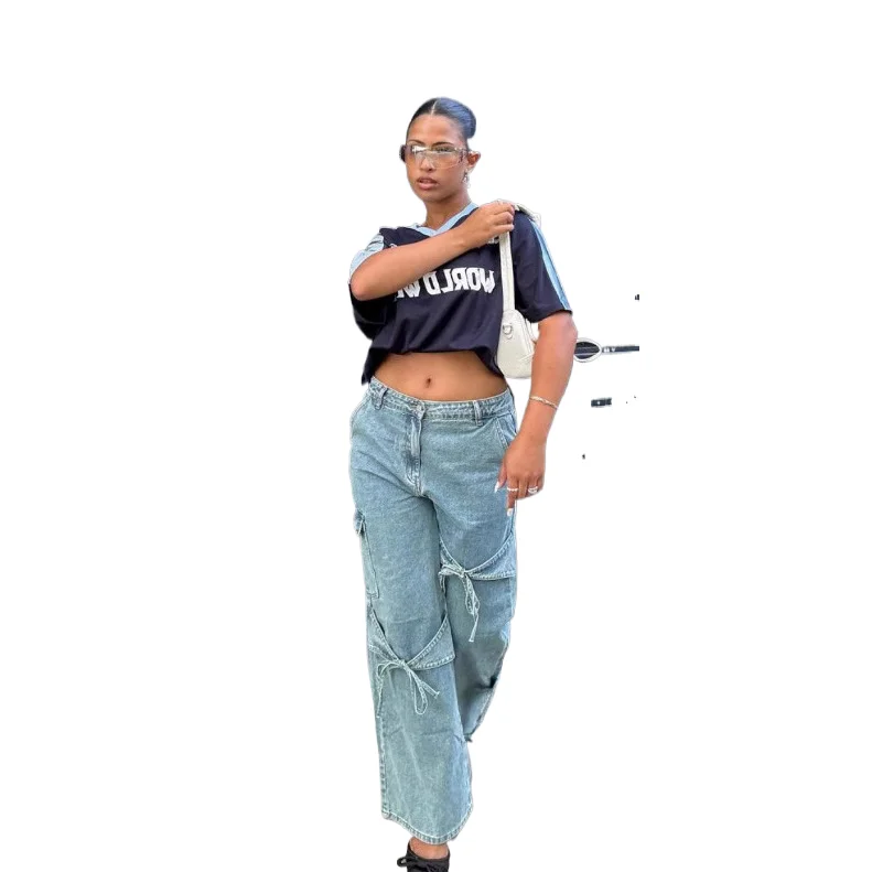 Street Hot Girls Casual Loose Wide-leg Jeans.  Ladies Four Seasons New Fashion Lace-up Bow Design Sense Washed Straight-leg Jean