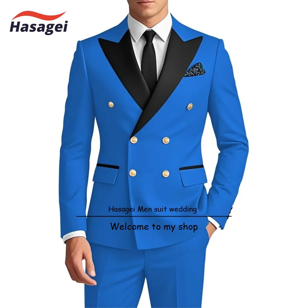 Business Men's Suit 2 Piece Slim Fit Double Breasted Jacket Pants Gold Button Blazer Suit for Wedding Prom Tuxedo