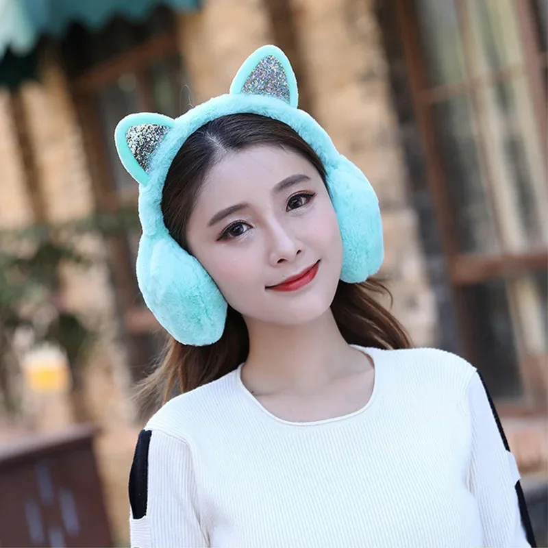 ที่ปิดหูสำหรับเด็กผู้หญิง ป้องกันความหนาว ให้ความอบอุ่น น่ารัก เหมาะสำหรับฤดูหนาว ลายหูแมว ประดับกลิตเตอร์ ขนปุย สำหรับผู้หญิง รุ่น EZr02