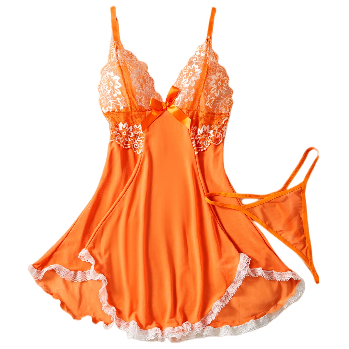 Orange Lace Two-Piece Sleepwear Set for Women V-Neck Mesh Nightgown Soft Breathable Comfortable Pajamas 2026 New