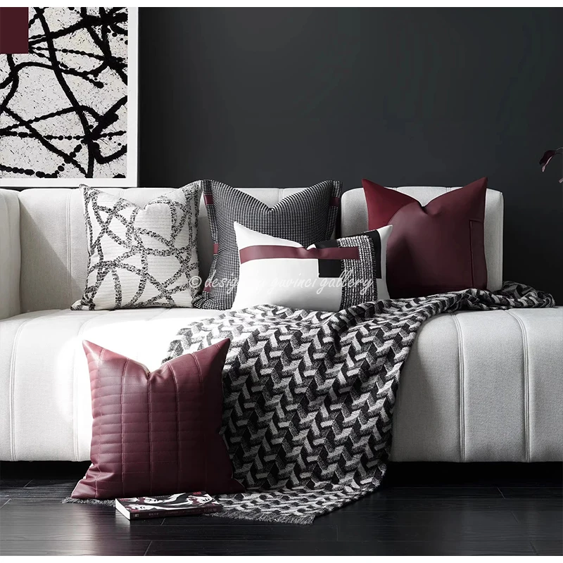 GUVINCI Contemporary Faux Leather Burgundy Pillow Cover Luxury Arc Geometry Patchwork Cushion Case Artisan Handmade Pillowcase