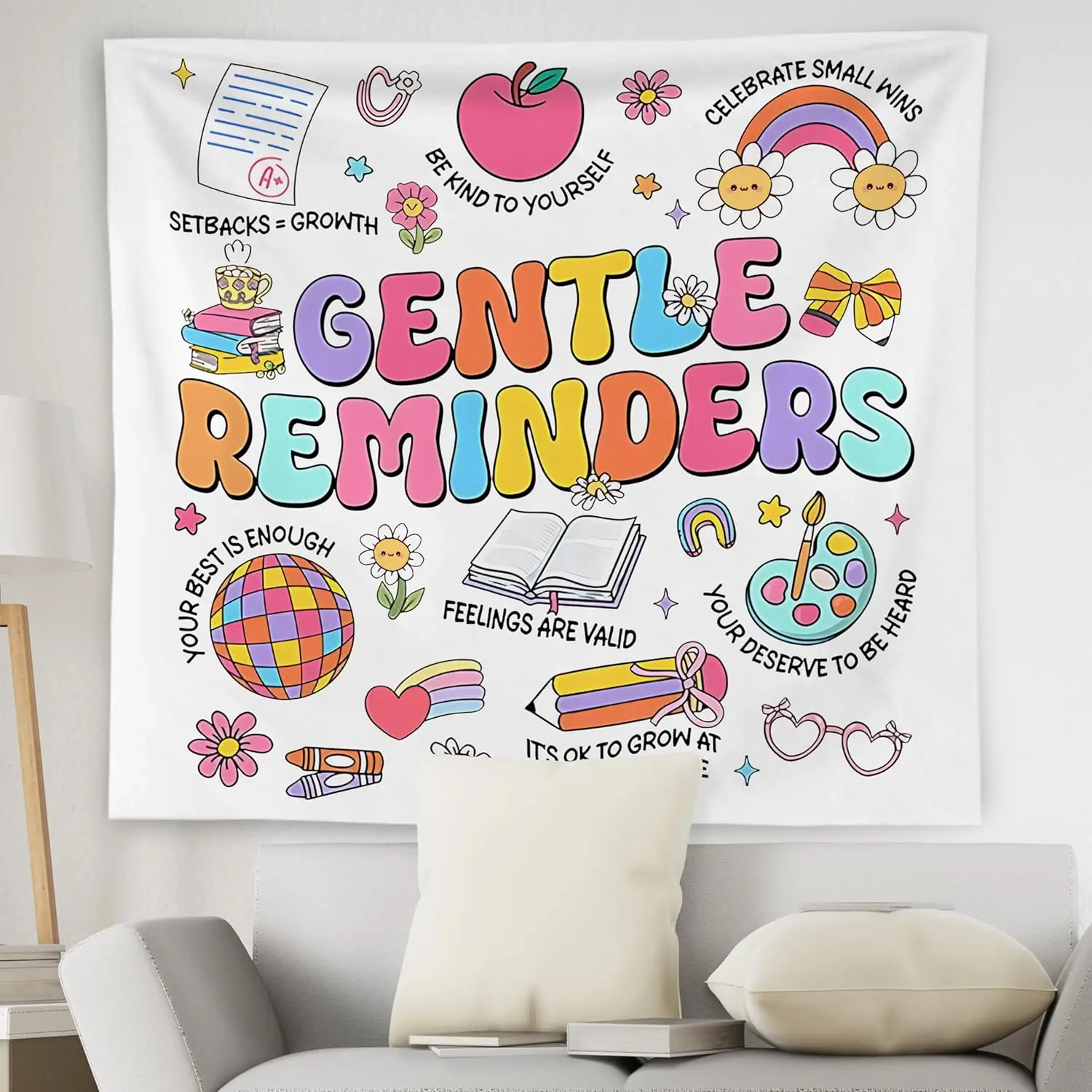 Gentle Reminders Mental Health Tapestry Wall Hanging, Therapy Office Decor, Positive Psychology Mental Health Wall Blanket