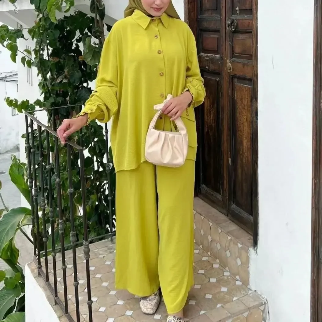 Women Eid Muslim Sets Two Pieces Solid Ensemble Kaftan Single Breasted Button Blouses Casual Wide Leg Pants Morocco Ramadan