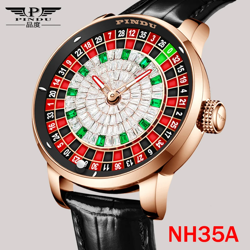 PINDU Design New NH35A Rotating Roulette Mechanical Watch Men Diamond Surface Waterproof Leather Men Watches Montre Homme