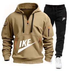 2024 men's spring and autumn new multi-pocket zipper hoodie + sweatpants two-piece fitness jogging sportswear suit