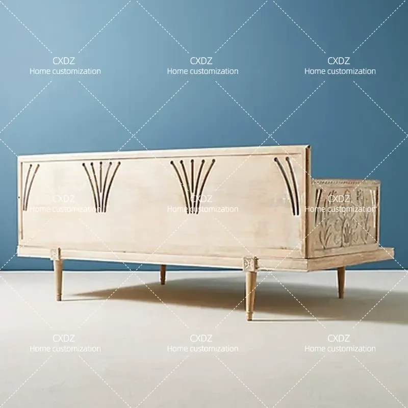 Solid Wood Classical Antique Carved Weathered Sofa Hand Carved Vintage Three Seater Double Combination Couch for Living Room