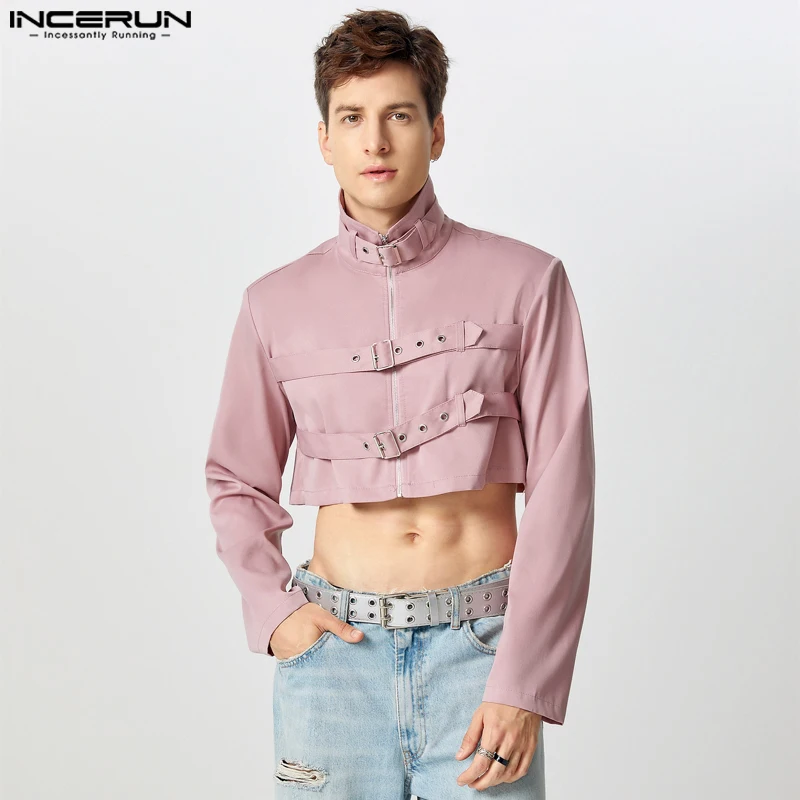 INCERUN Stylish New Men's Tops Buckle Design Cropped Jackets Male Clubwear Hot Selling Half High Neck Long Sleeved Jackets Coat