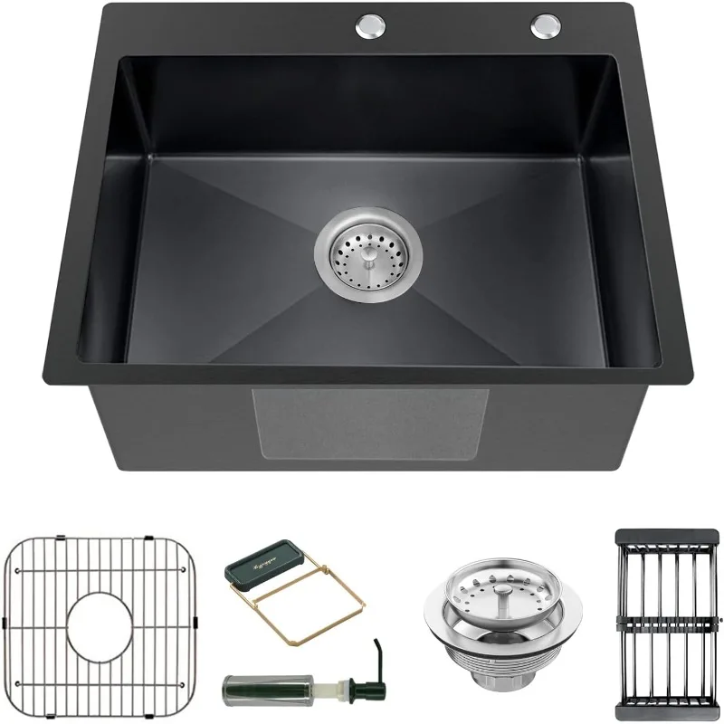 

Black Kitchen Stainless Steel Topmount Bar Sink,Single Bowl Drop In Kitchen Sink Combo-Sink Grid,Soap Dispenser,Drain Basket