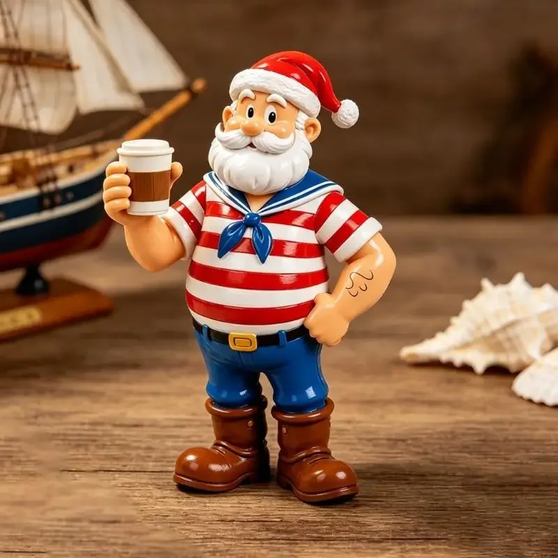 Coffee Cup Santa Figure for Christmas Display, Muscular Holiday Shelf Piece for Desk, Entry Table, Side Table, Home Corner Y5GB