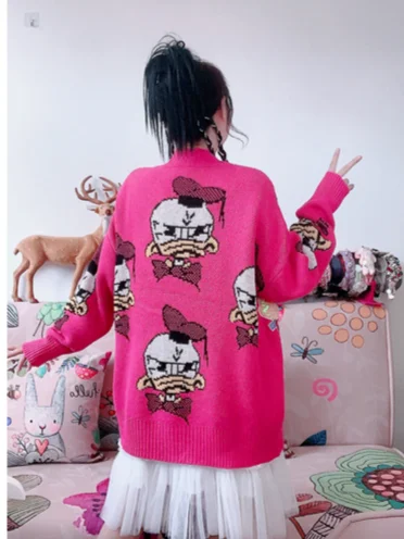 2024 Spring Fashion Brand Heavy Handmade Sequined Duck Cartoon Rose Red Thickened Sweater Coat Women Fashion Knitted Cardigan