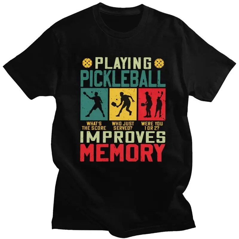 Funny Playing Pickleball Improves Memory Tshirt for Men Short Sleeve T Shirt Cool T-shirts 100% Cotton Tee Valentine's Day Gift