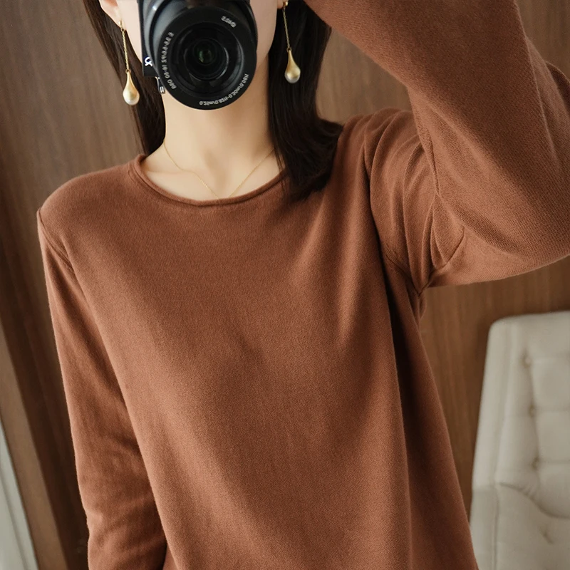 Autumn/winter 100% cotton pullover sweater rolled round collar warm intellectual elegant female base soft Joker sweater postage