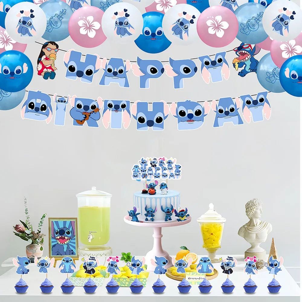 

Cute Lilo & Stitch Birthday Party Dinnerware Banner Cake Disposable Hanging Flag Lilo & Stitch Balloons Birthday Decoration